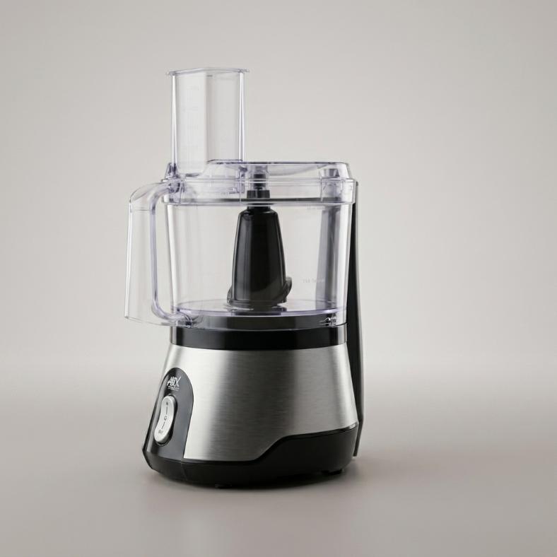 A countertop food processor with a brushed stainless steel base, black plastic components, and a clear plastic bowl and feed hopper, shown on a neutral light gray background. 220-240 Volt
50\60 Hz
500 Watts

2 Years Warranty

Features:
The power of this efficient chopper is 220-240v 50HZ 500W.
User friendly and easy to use. Large enough to cater all your delicacies. Easy to clean after usage. Ideal for chopping and mincing meat, beans, garlic, onion, gingers etc. It has an unparalleled quality of stainless 