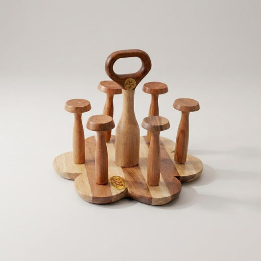 A clean studio shot of a handcrafted wooden 6-cup holder stand featuring a scalloped dual-tone wood base, six mushroom-capped holding pegs, and a central carrying handle against a neutral background.