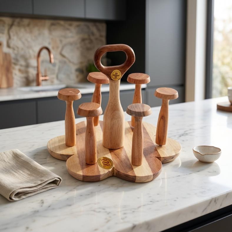 Handcrafted Wooden 6-Cup Holder Stand | Traditional Mug Tree