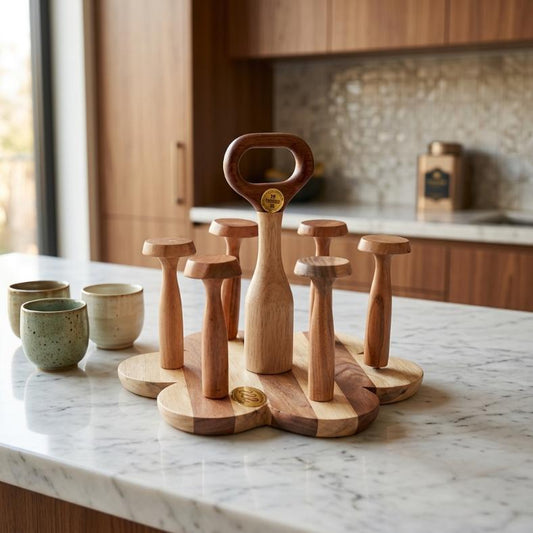 Handcrafted Wooden 6-Cup Holder Stand | Traditional Mug Tree