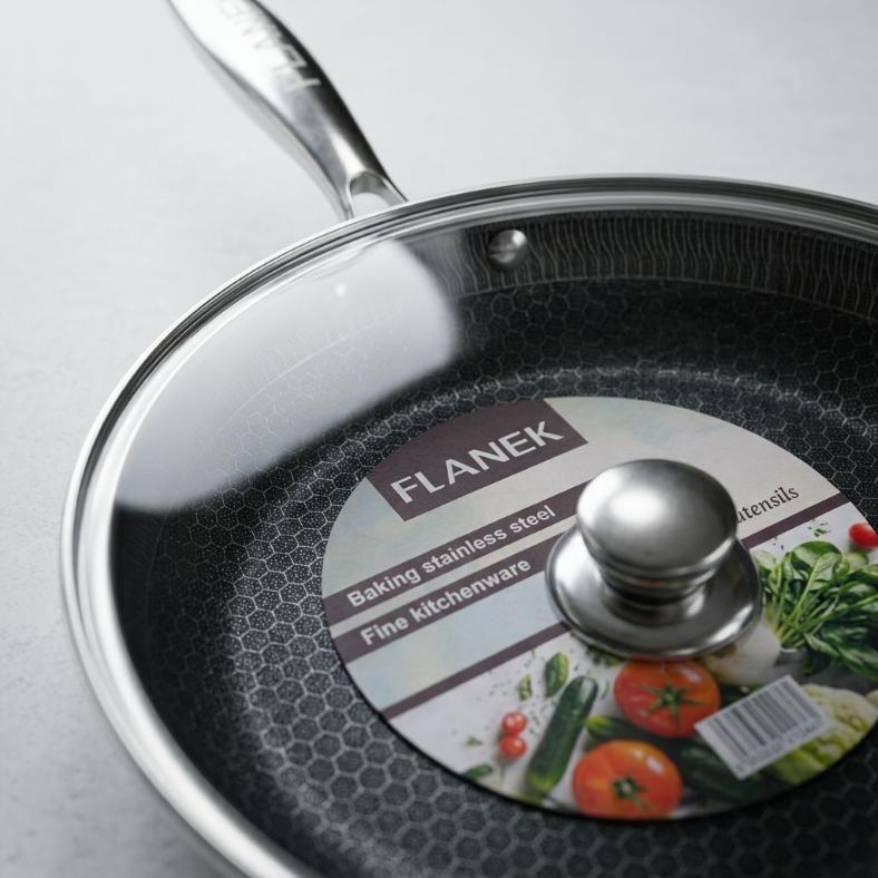 Laser-Etched Honeycomb Stainless Steel Frypan | Non-Stick Skillet with Glass Lid