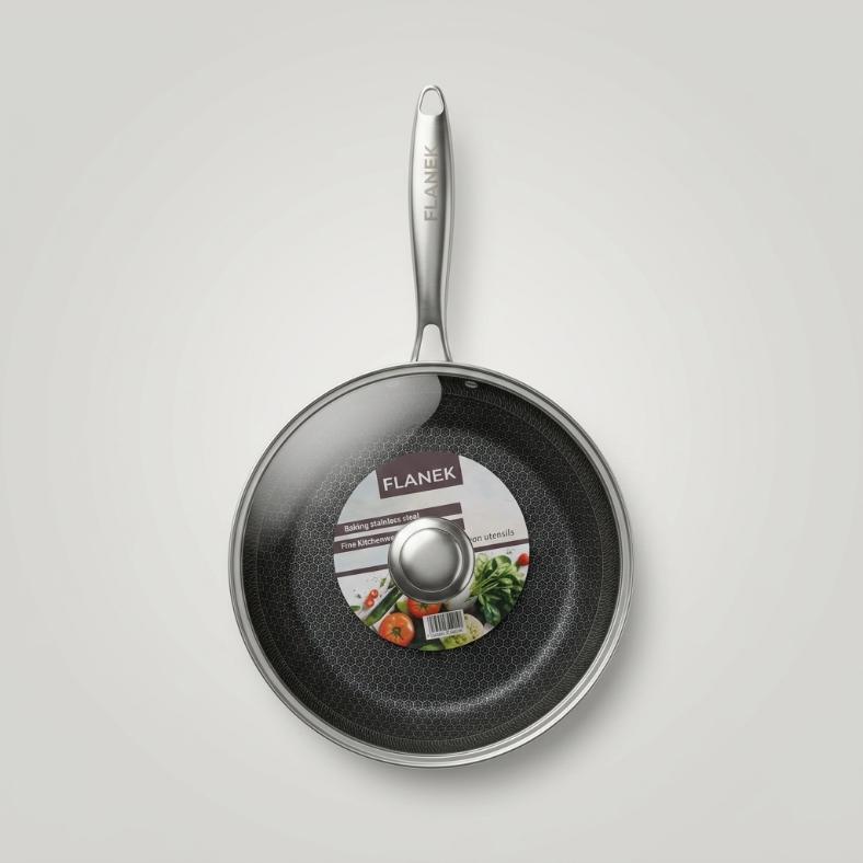 Laser-Etched Honeycomb Stainless Steel Frypan | Non-Stick Skillet with Glass Lid