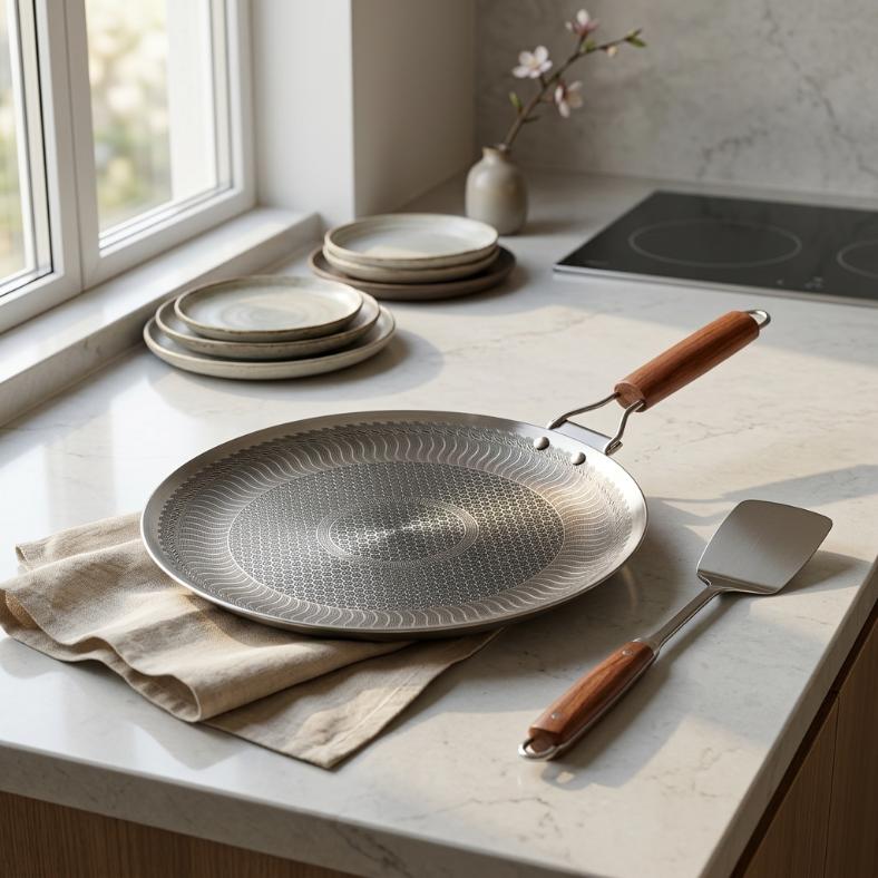 Laser-Etched Honeycomb Stainless Steel Roti Tawa | Non-Stick Griddle with Wooden Handle