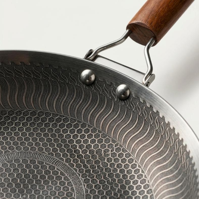 Laser-Etched Honeycomb Stainless Steel Roti Tawa | Non-Stick Griddle with Wooden Handle