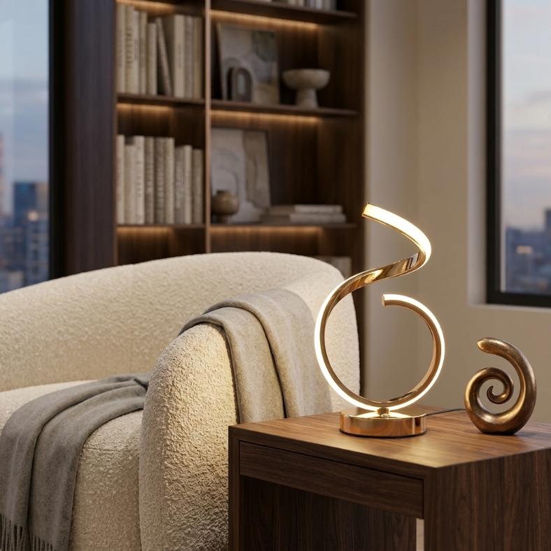 Modern Gold Spiral LED Table Lamp | Touch Sensor Curved Desk Light