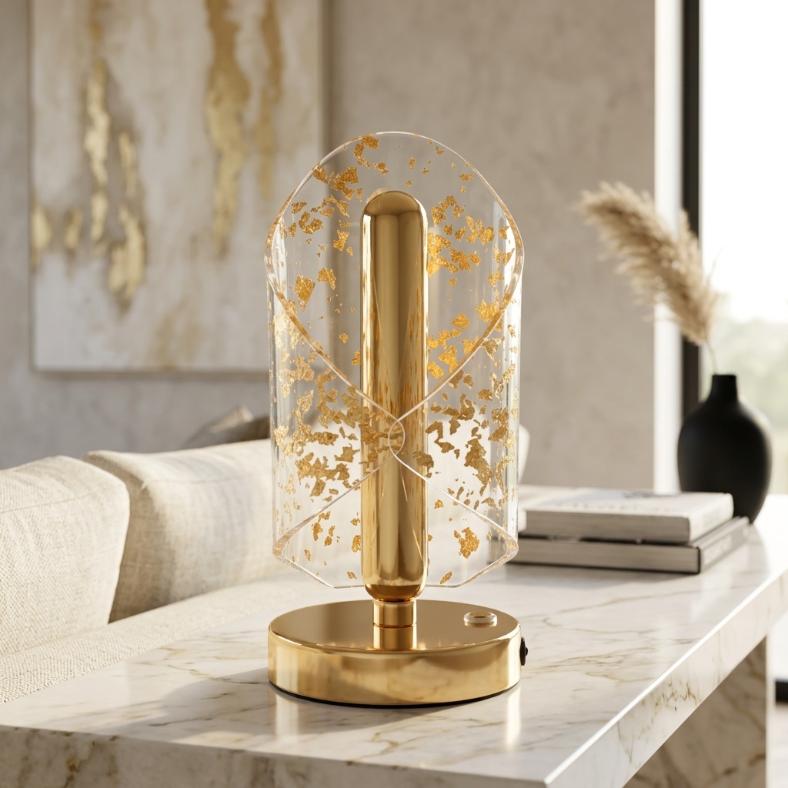 Luxury Geometric Gold Foil Acrylic LED Table Lamp | Curved Night Light
