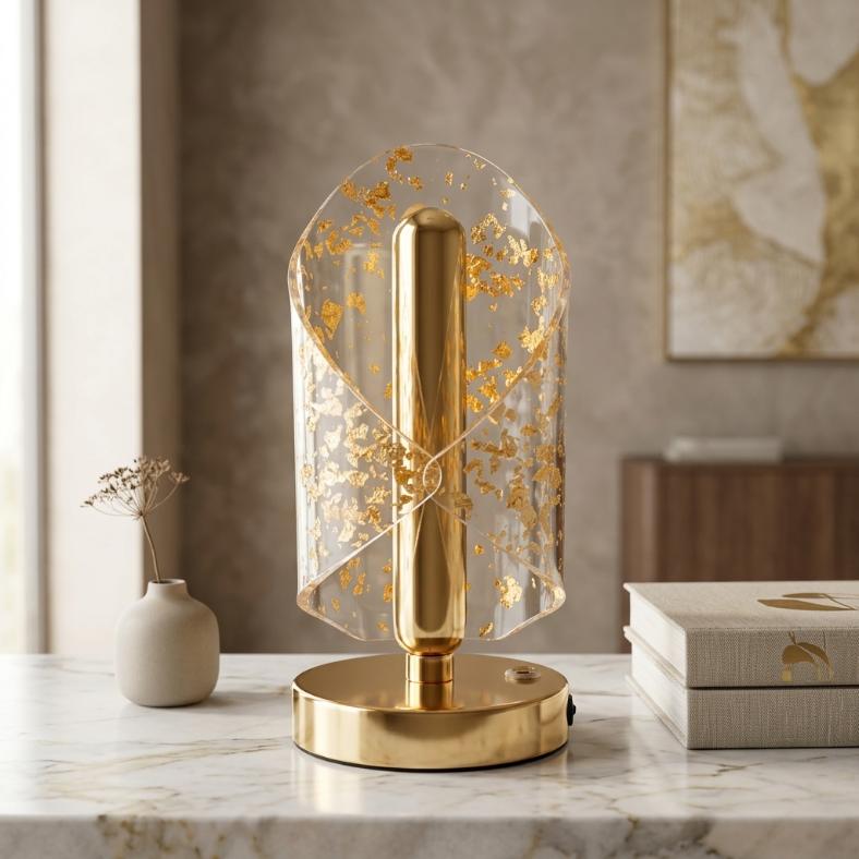 Luxury Geometric Gold Foil Acrylic LED Table Lamp | Curved Night Light