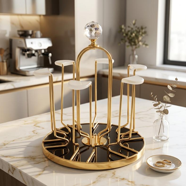 Luxury Gold 6-Cup Mug Holder Stand | Black Base & Crystal Top
