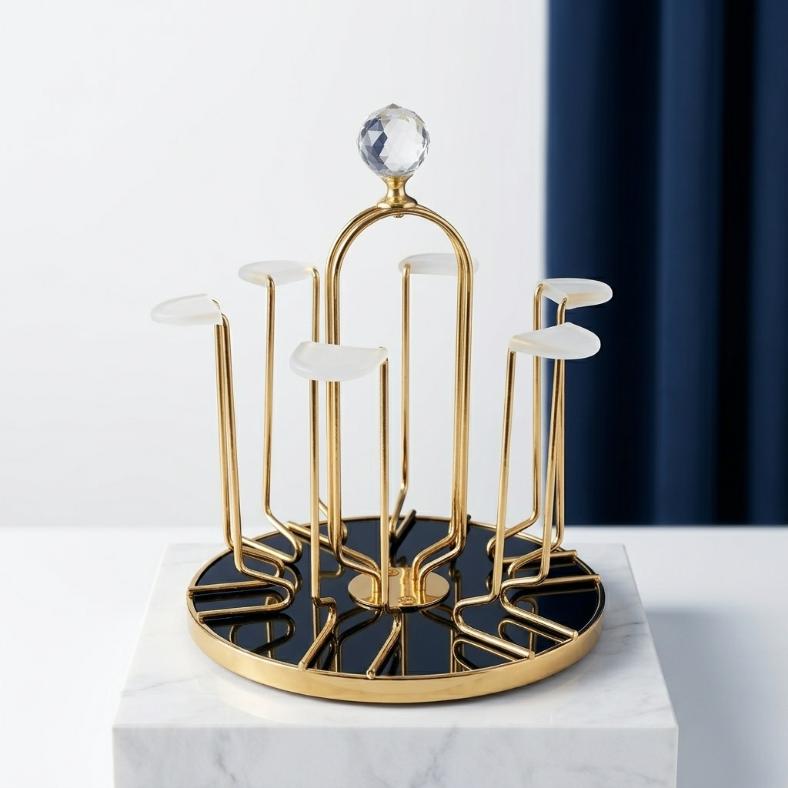 Luxury Gold 6-Cup Mug Holder Stand | Black Base & Crystal Top