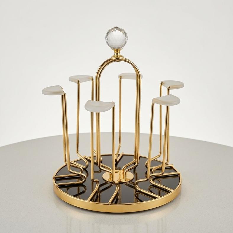 Luxury Gold 6-Cup Mug Holder Stand | Black Base & Crystal Top