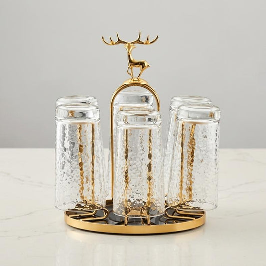 Luxury Gold 6-Glass Holder Rack | Reindeer Finial