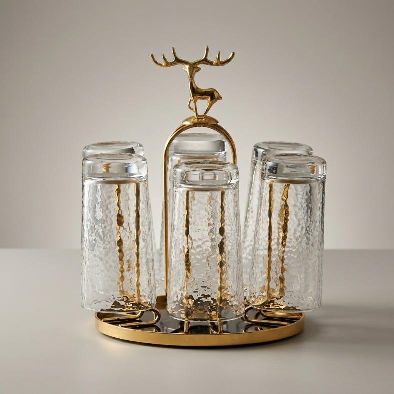 Luxury Gold 6-Glass Holder Rack | Reindeer Finial
