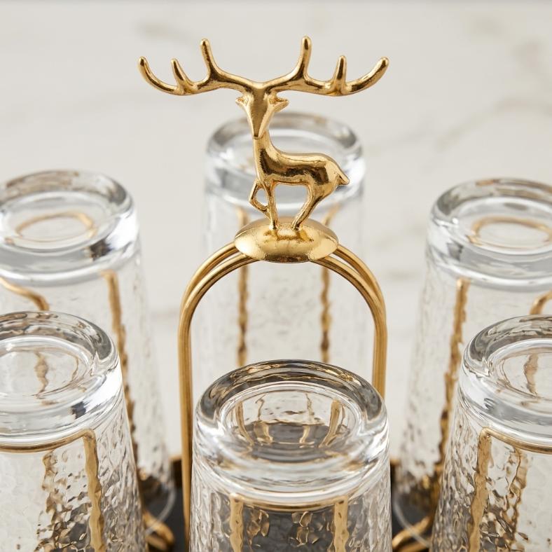 Luxury Gold 6-Glass Holder Rack | Reindeer Finial