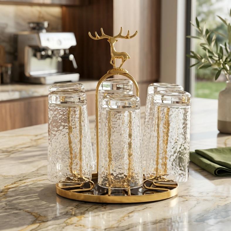 Luxury Gold 6-Glass Holder Rack | Reindeer Finial