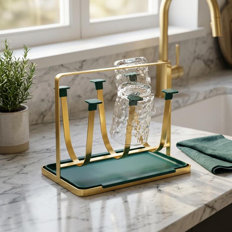 Nordic Emerald Green & Gold 6-Cup Drying Rack | With Drip Tray