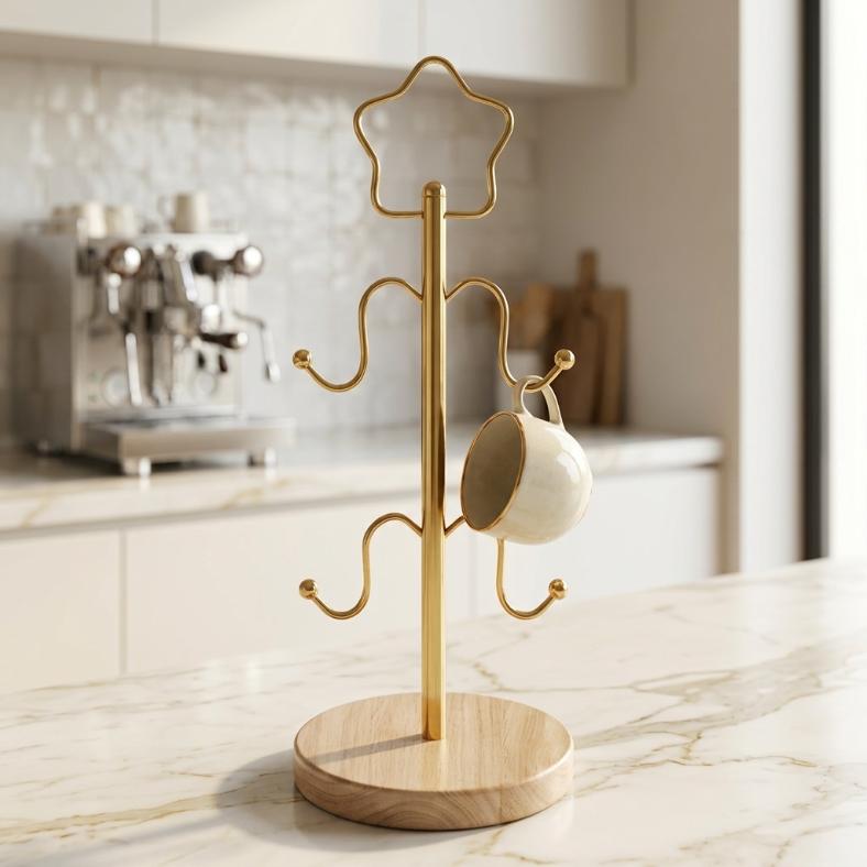 Nordic Gold & Wooden 4-Cup Mug Tree Stand | Star Finial