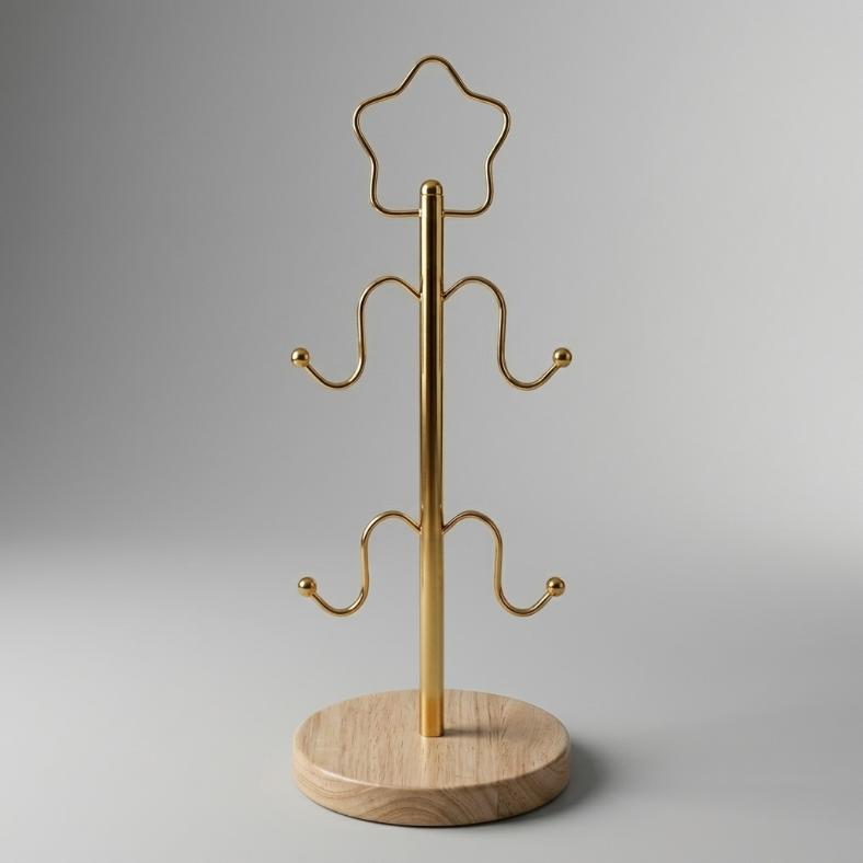 Nordic Gold & Wooden 4-Cup Mug Tree Stand | Star Finial