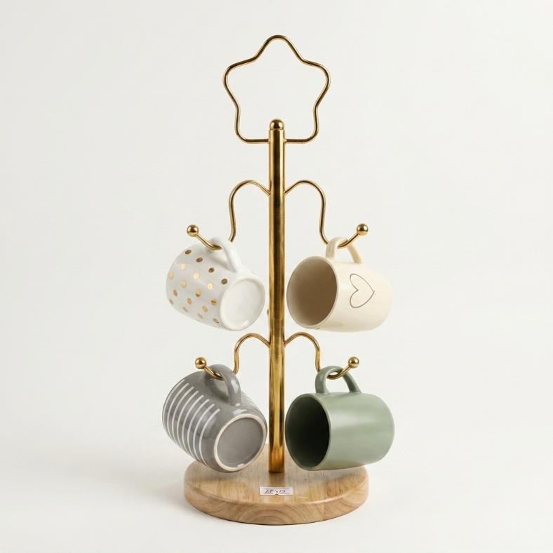 Nordic Gold & Wooden 4-Cup Mug Tree Stand | Star Finial
