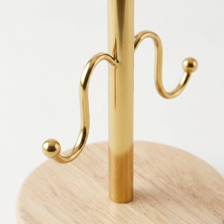 Nordic Gold & Wooden 4-Cup Mug Tree Stand | Star Finial