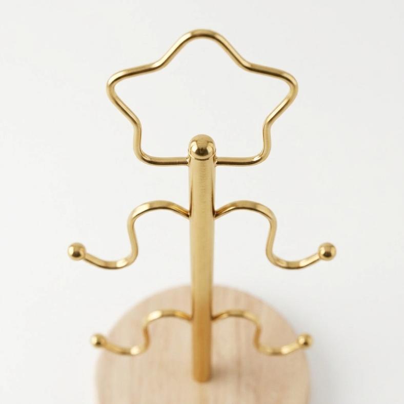 Nordic Gold & Wooden 4-Cup Mug Tree Stand | Star Finial