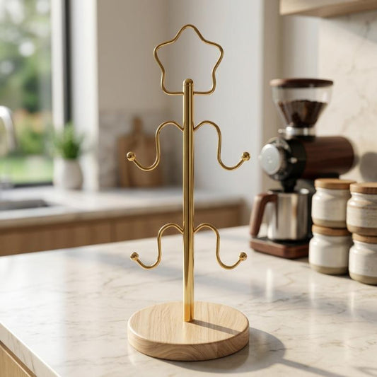 Nordic Gold & Wooden 4-Cup Mug Tree Stand | Star Finial